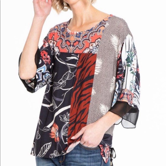 *NEW with tags*. John Mark mixed print elbow sleeve tassel trim top, size Small. - Picture 7 of 8